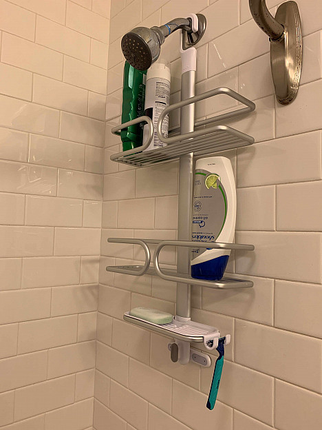 OXO Good Grips&reg; 3-Tier Shower Caddy in Aluminum. View a larger version of this product image.