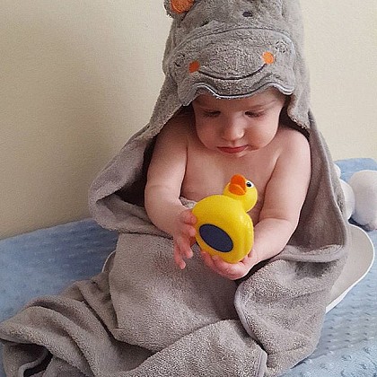 Just Bath by Just Born&trade; Love to Bathe Hippo Hooded Towel in Grey. View a larger version of this product image.
